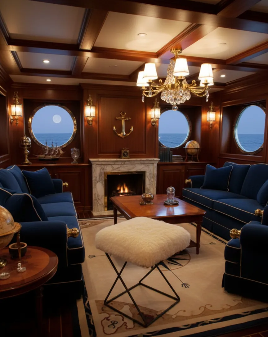 Banqueta antigua con asiento suave en un ambiente náutico