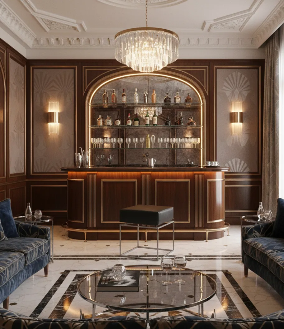 banqueta antiga de design simples em um espaço elegante com um bar sofisticado