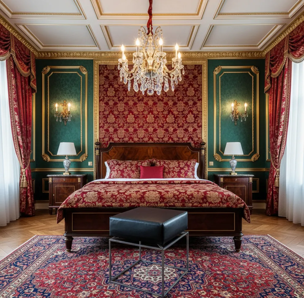 schwarzer antiker Hocker in einem dekorierten Schlafzimmer