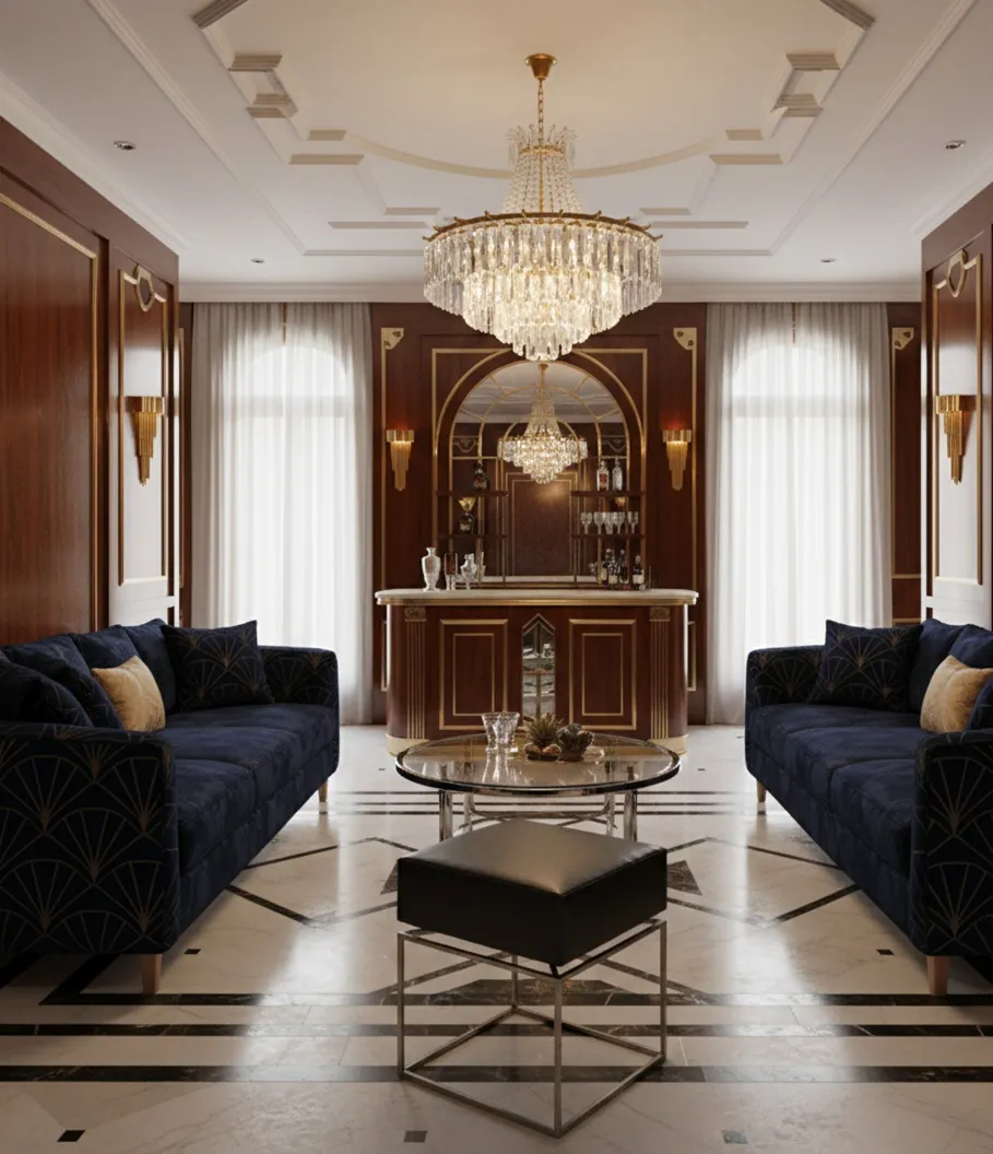 Antiga banqueta em uma sala elegante com lâmpada de cristal