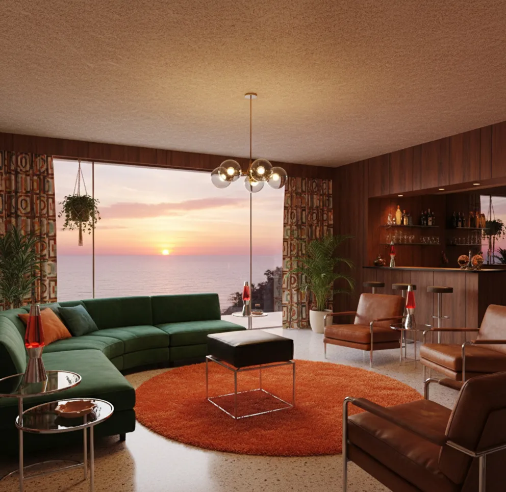 antique sidewalk in a stylish living room with sunset sea view