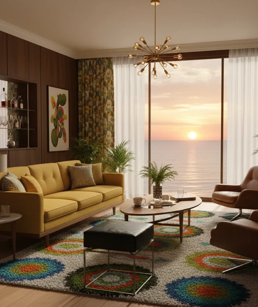 banqueta decorativa antiga preta em uma sala de estar aconchegante com vista para o mar