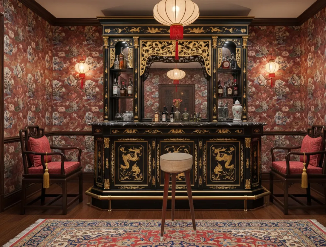 Antique stool in a bar setting with floral decor