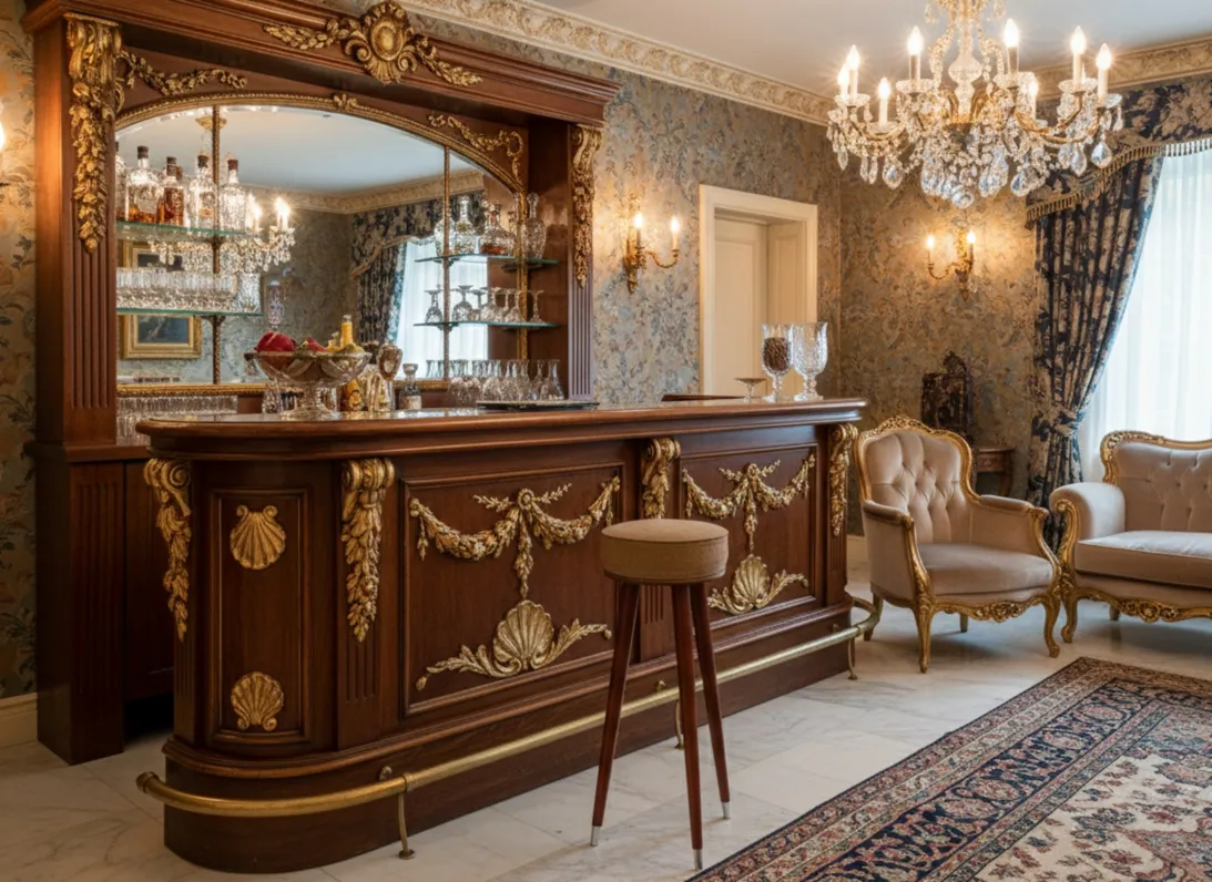 Antiker Hocker in einer eleganten Umgebung mit Sofa und luxuriösen Details.