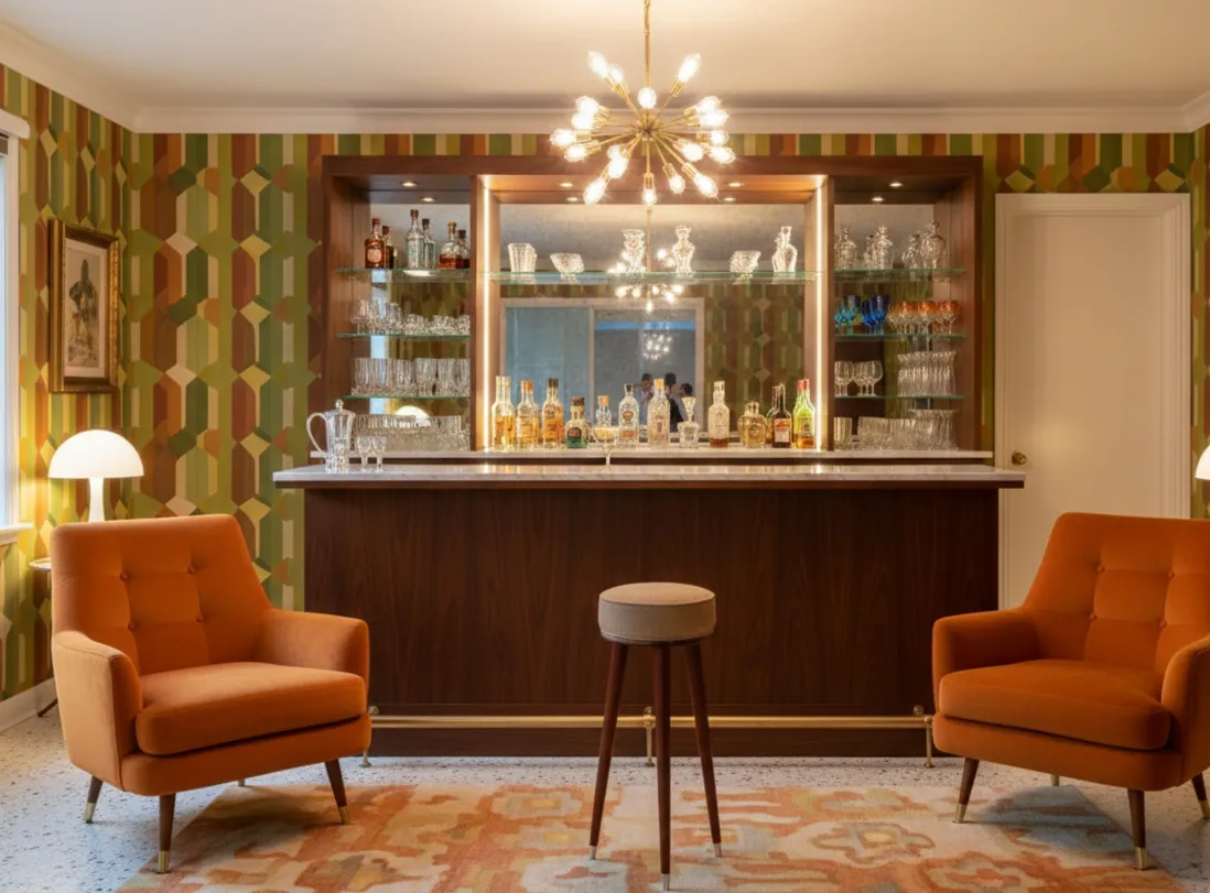 Banqueta antiga com design simples em um ambiente aconchegante com cadeiras laranja.