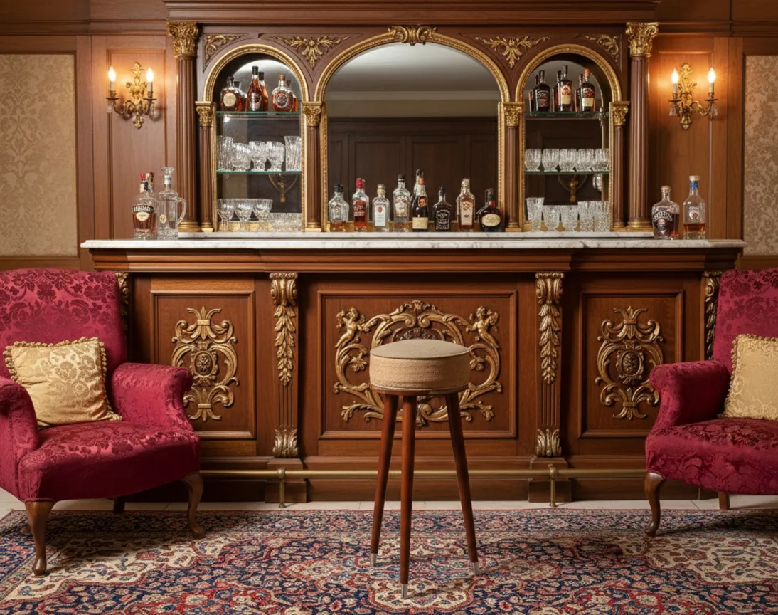 Antiga banqueta redonda de bar com pernas finas em um ambiente elegante com poltronas vermelhas.