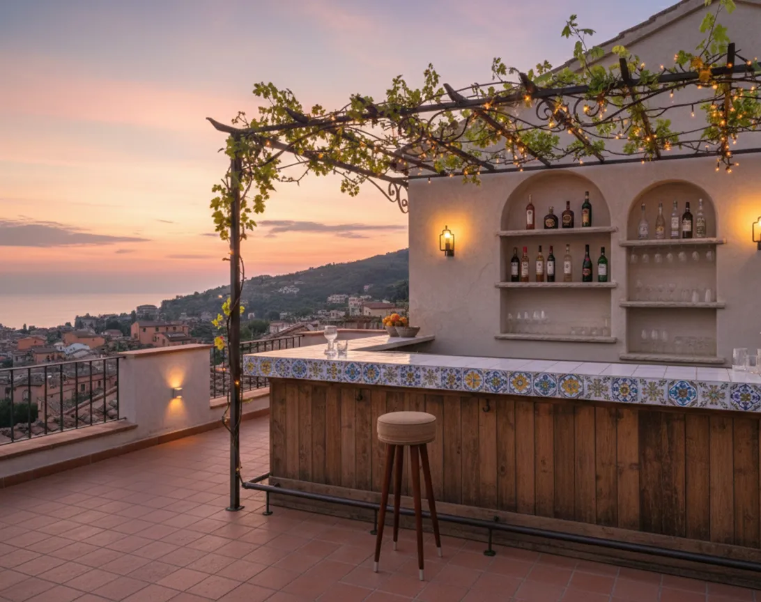 Antiga banqueta de bar em um ambiente de terraço com vista para o mar