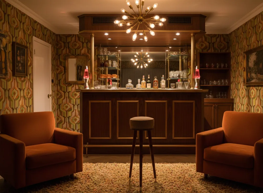 banqueta antiga em um ambiente de bar retrô com poltronas