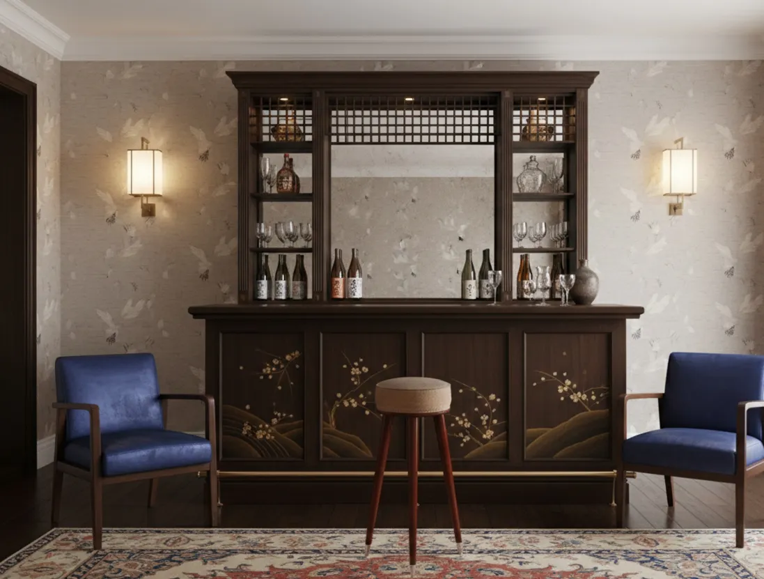 antiker Hocker an einer Bar, dekorativer Teppich und blaue Stühle