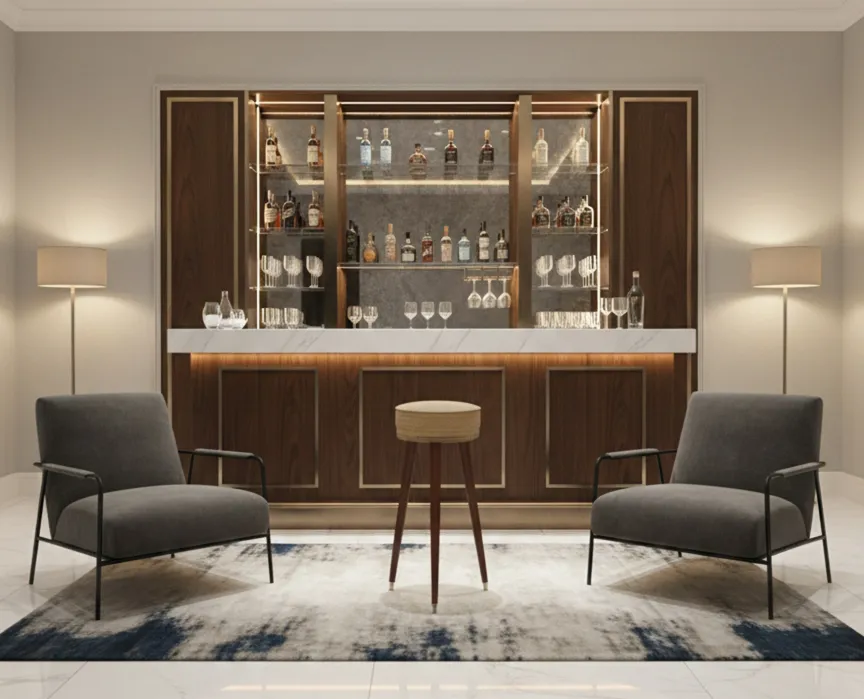 antique circular stool in a modern setting with chairs and a bar