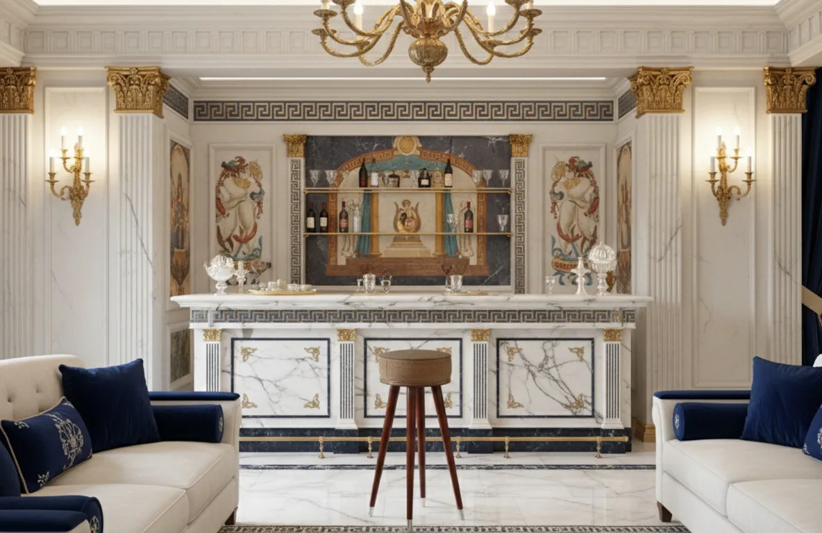 Sgabello antico in un elegante ambiente con sedie e decorazioni.