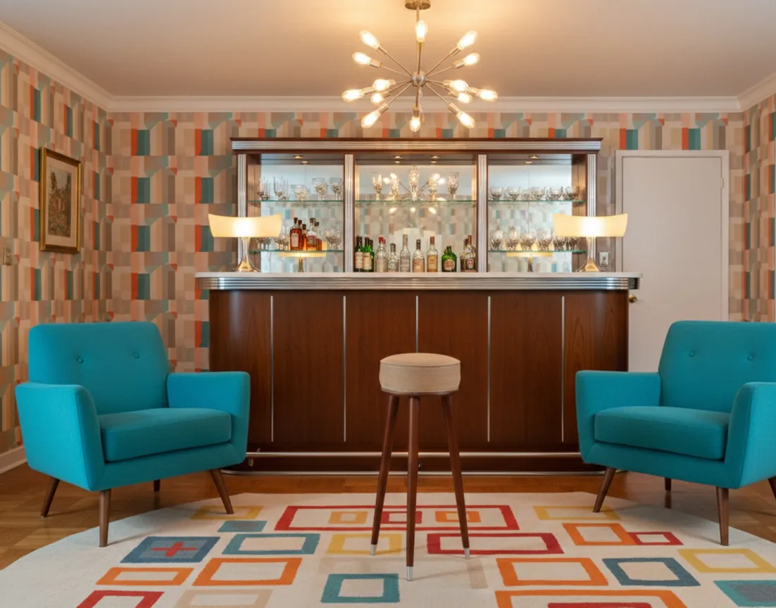 Antiker Hocker in einem modernen Wohnzimmer mit blauen Stühlen