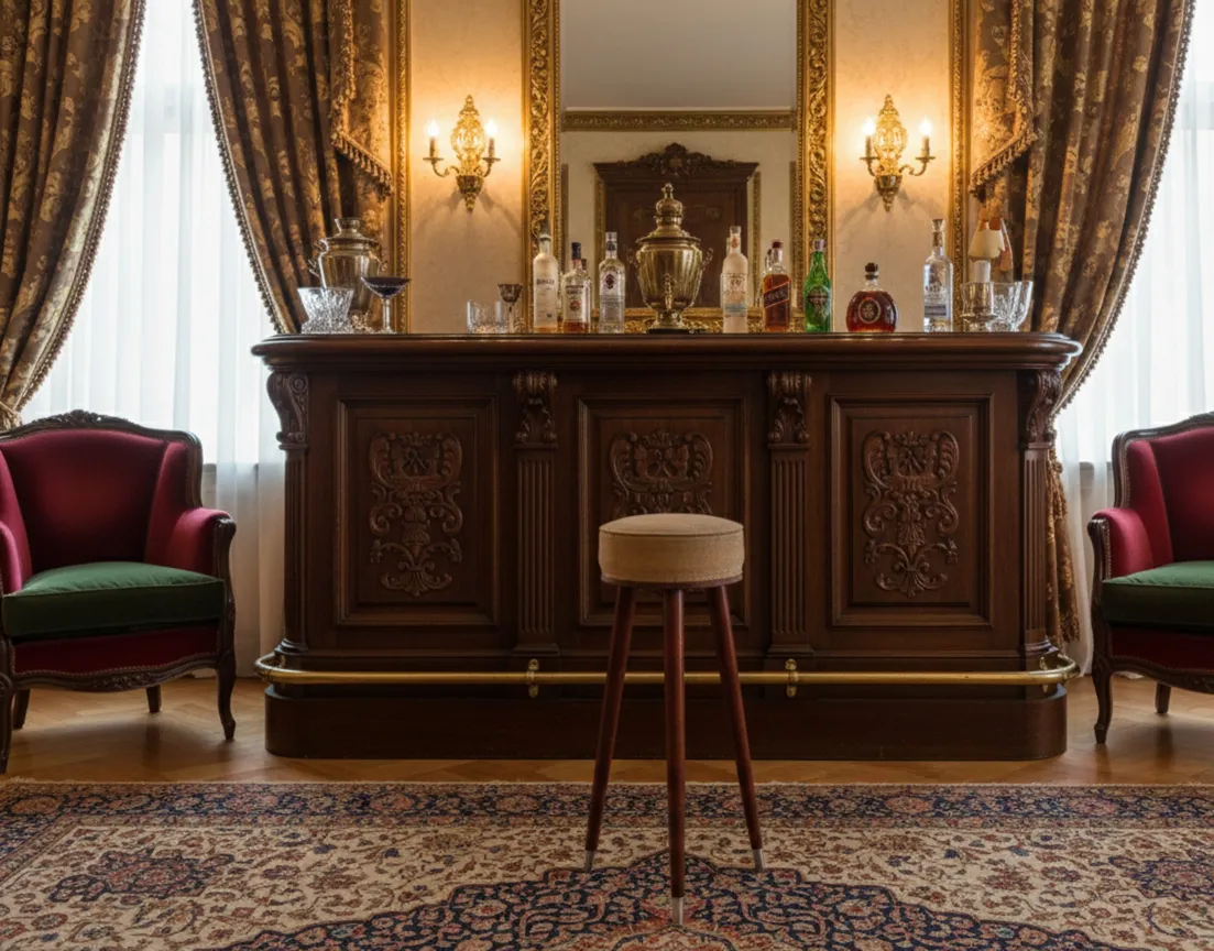 antigua banqueta de bar con diseño clásico en un ambiente decorativo elaborado