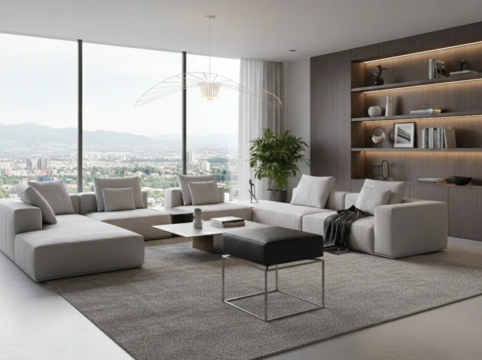 antique stool with elegant design in modern spacious living room