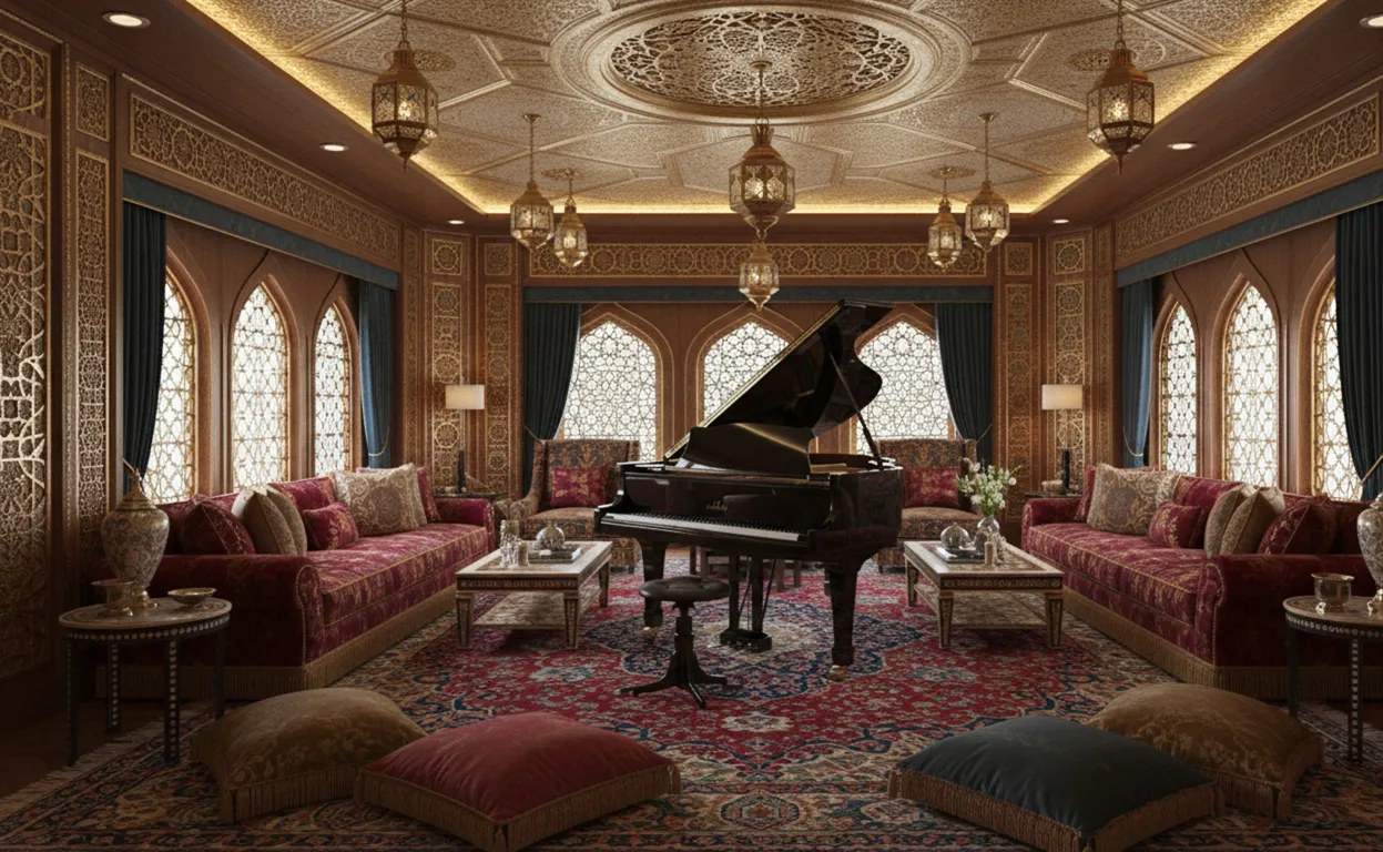 banqueta antiga thonet em um ambiente decorativo com sofá e piano