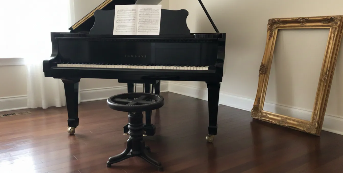 Banqueta antiga Thonet com design clássico, na frente de um piano.