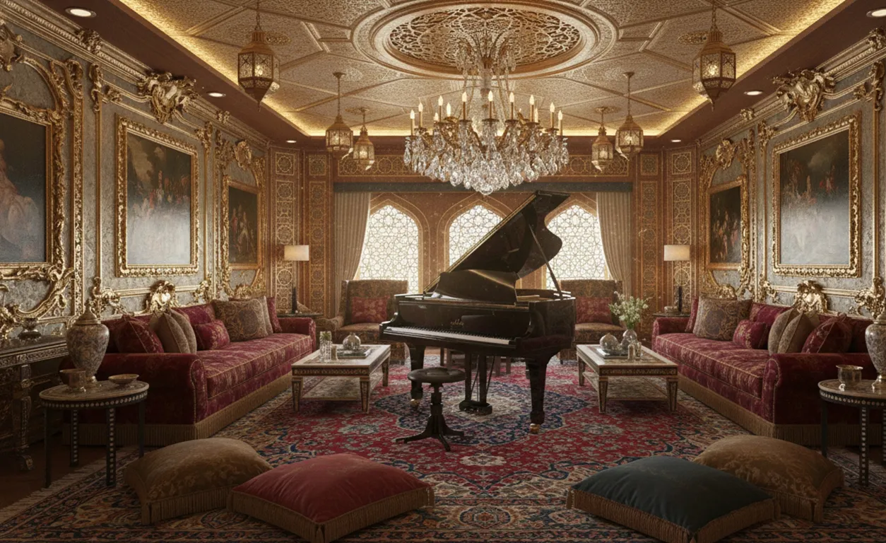 tabouret ancien Thonet dans un salon luxueux avec piano