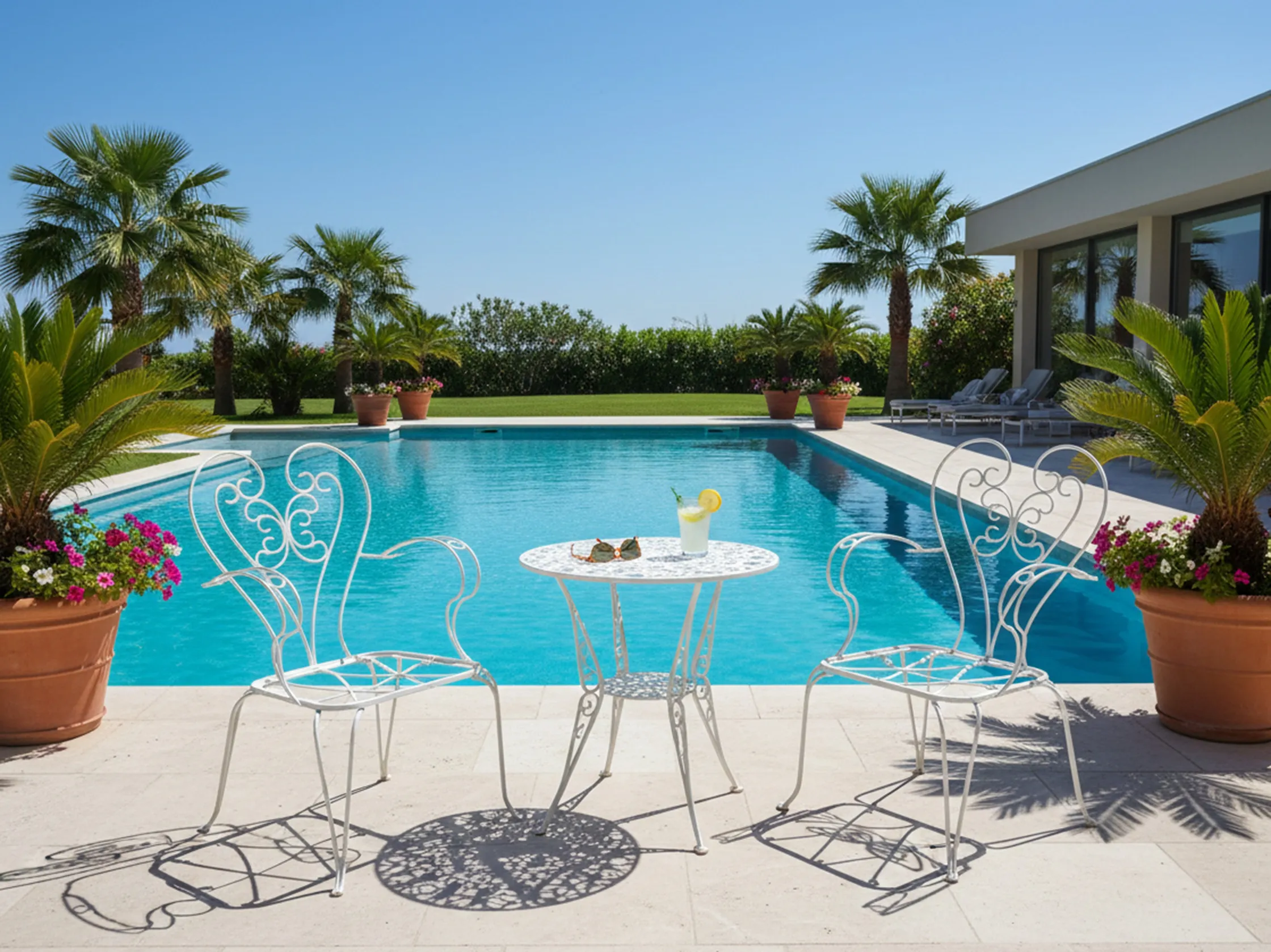 Tre poltrone da giardino antiche vicino a una piscina, circondate da palme e fiori