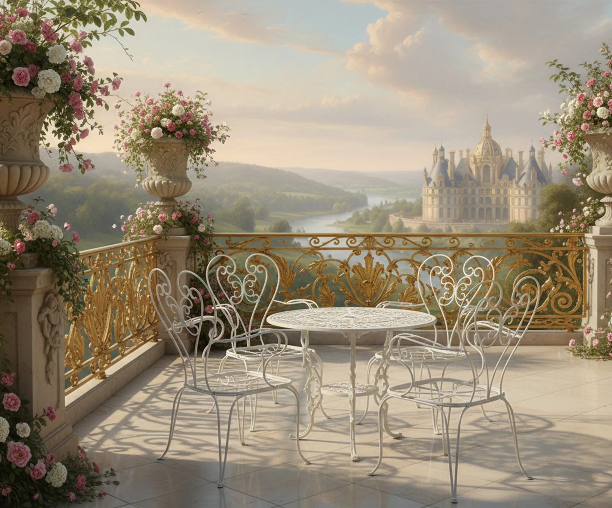 Three antique garden armchairs on an elegant terrace with flowers.