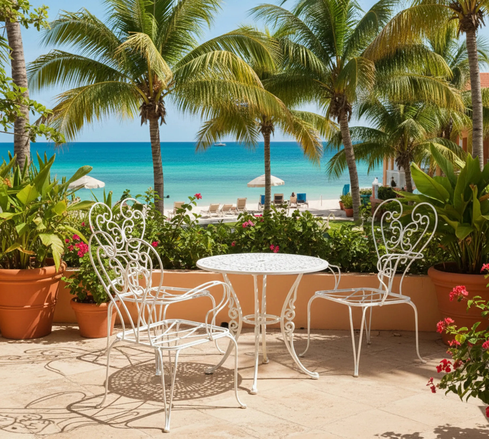 Fauteuils de jardin blancs anciens avec vue sur la mer et palmiers