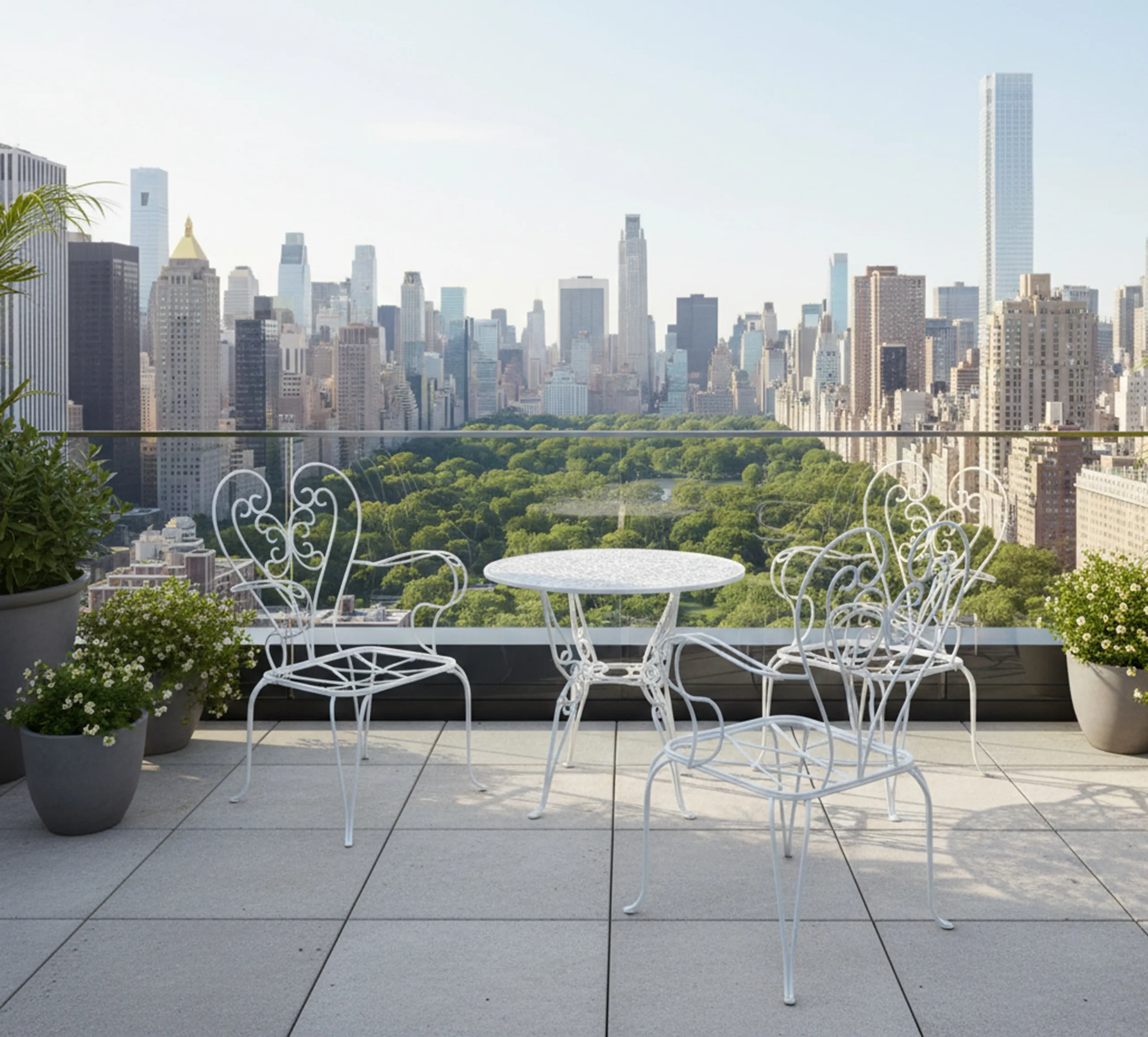 Trois fauteuils de jardin anciens sur une terrasse avec vue