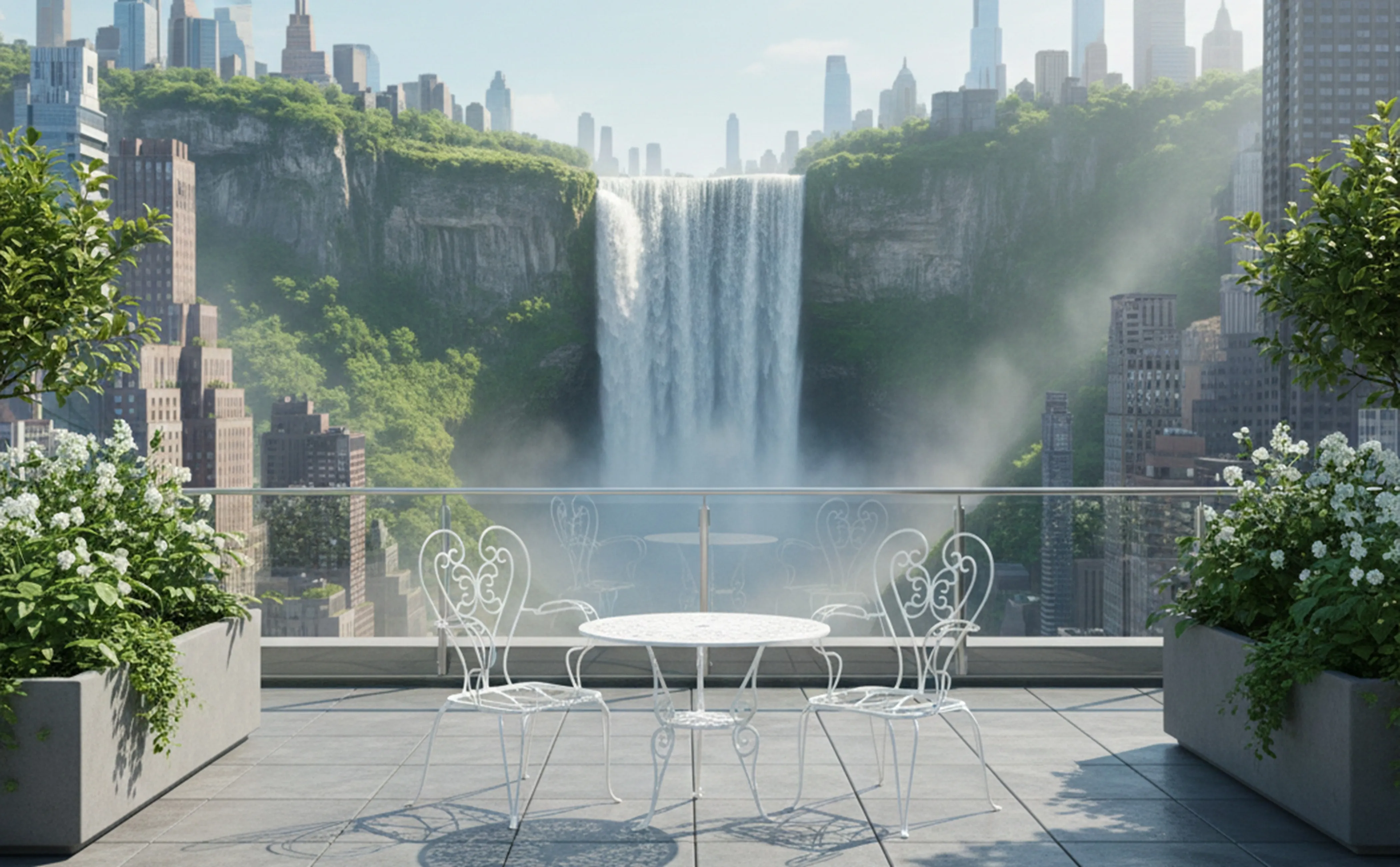 Three antique garden armchairs, elegant, on a balcony with a view