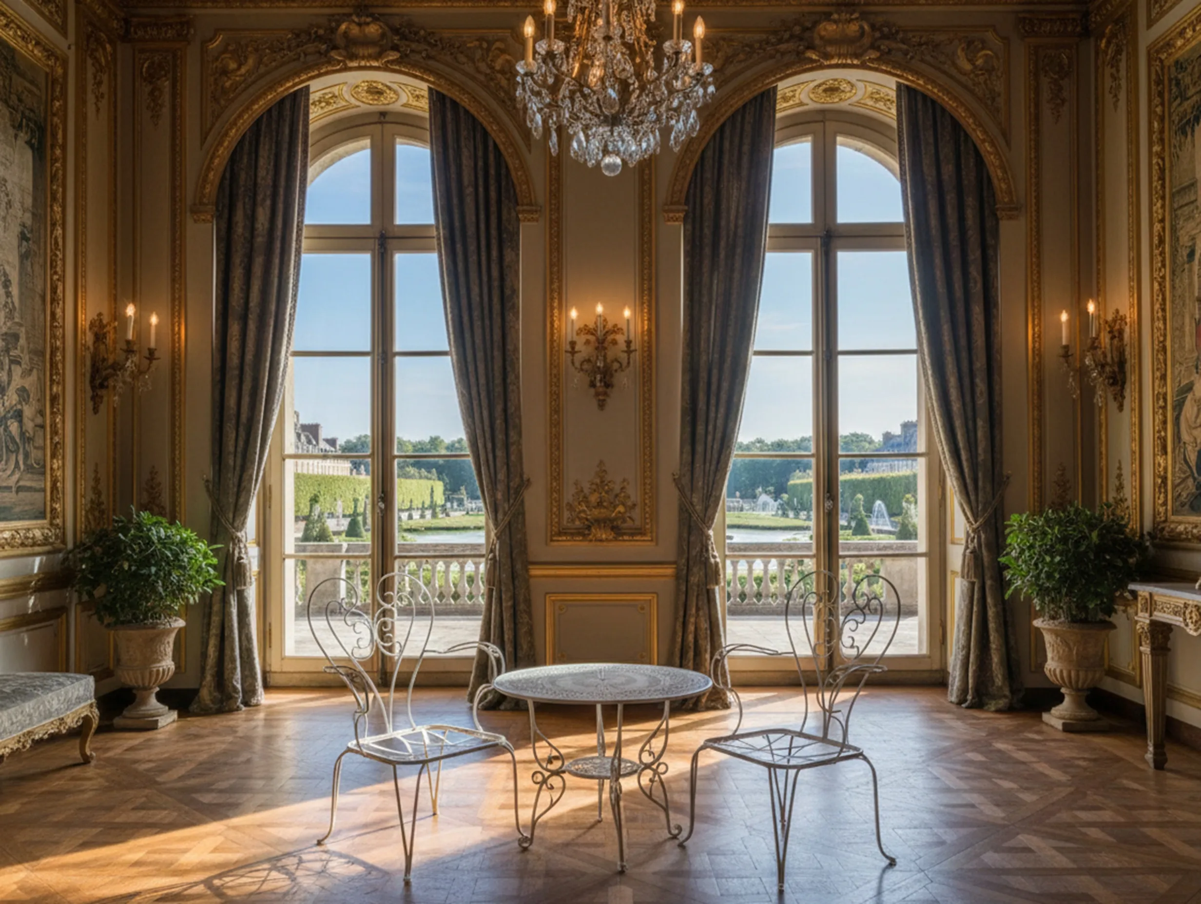 Tre poltrone da giardino antiche in un ambiente elegante. Belle viste.