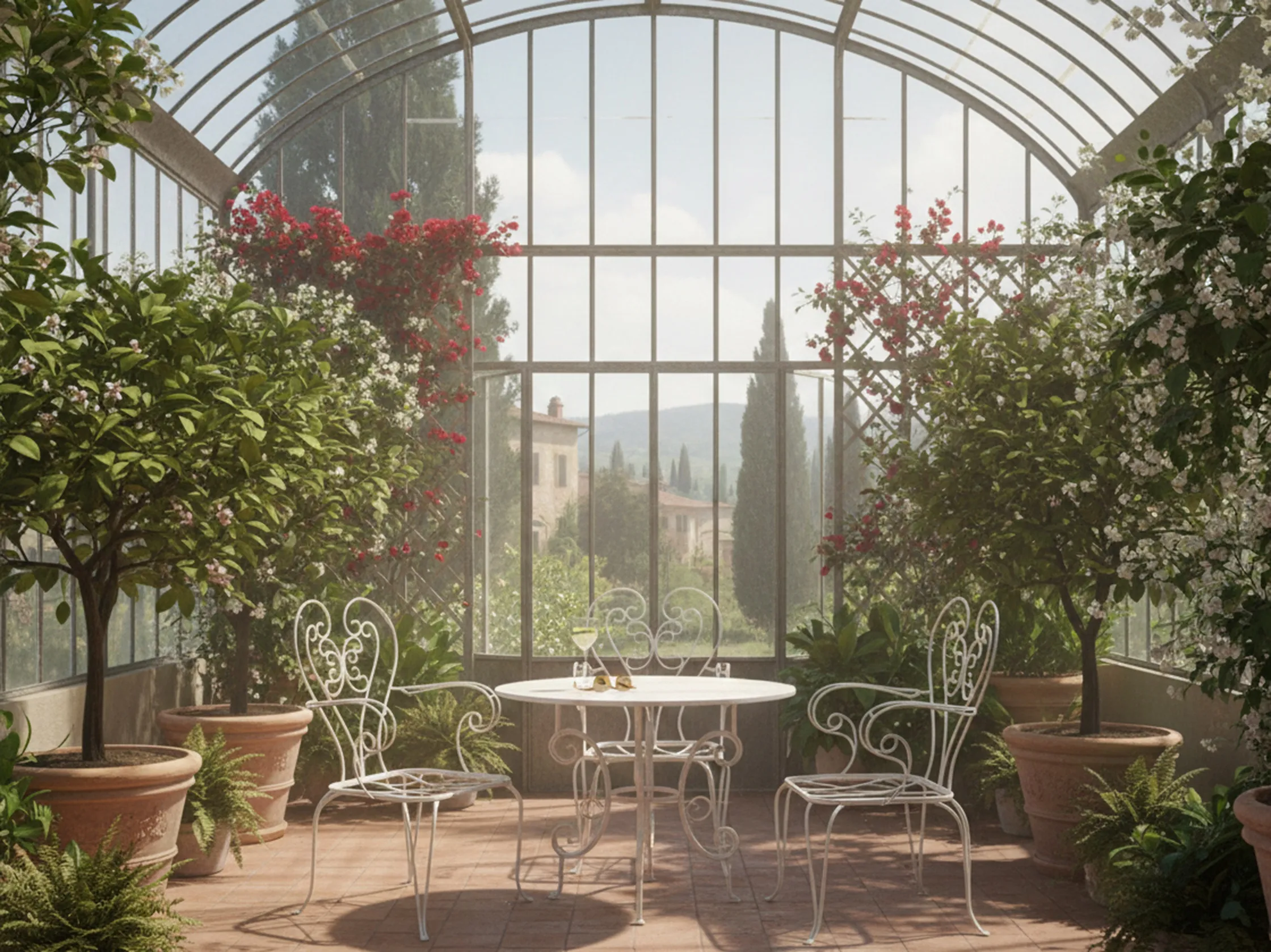 Three antique garden armchairs surrounded by plants and flowers in a cozy setting.