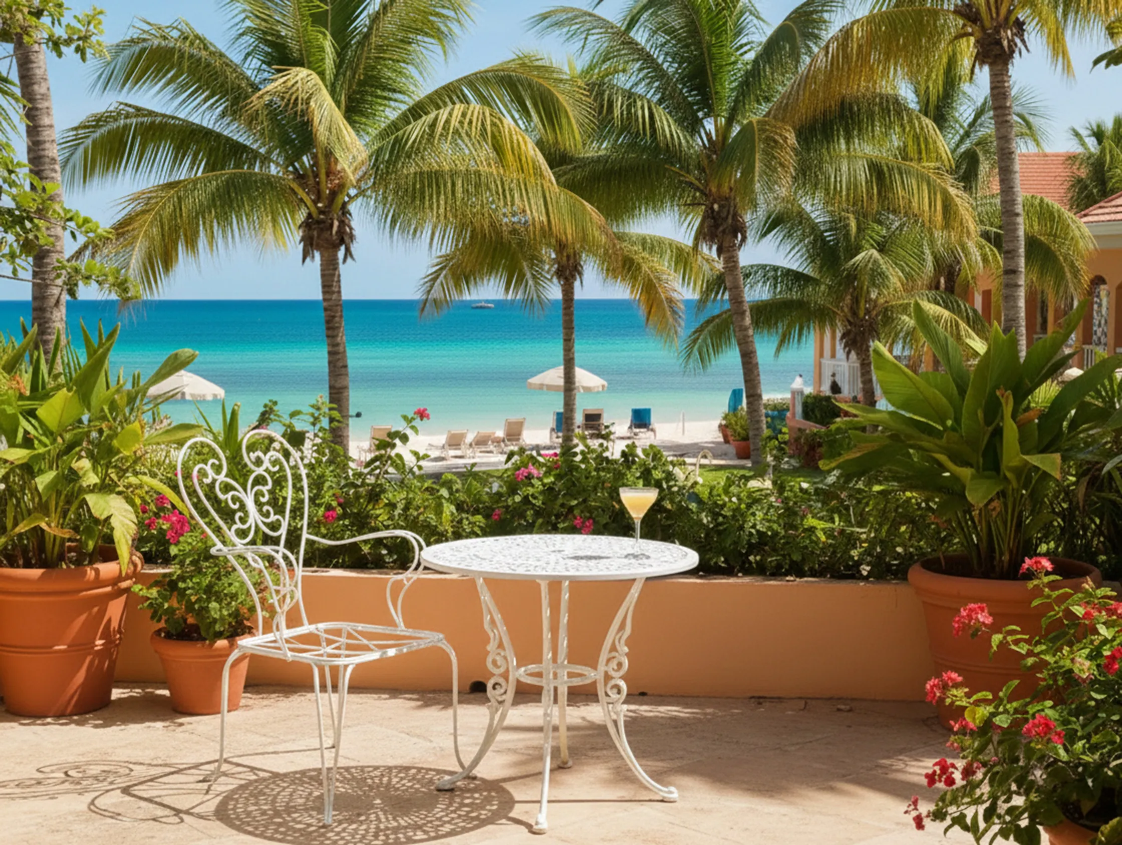 3 fauteuils de jardin anciens à côté d'une table blanche et de palmiers