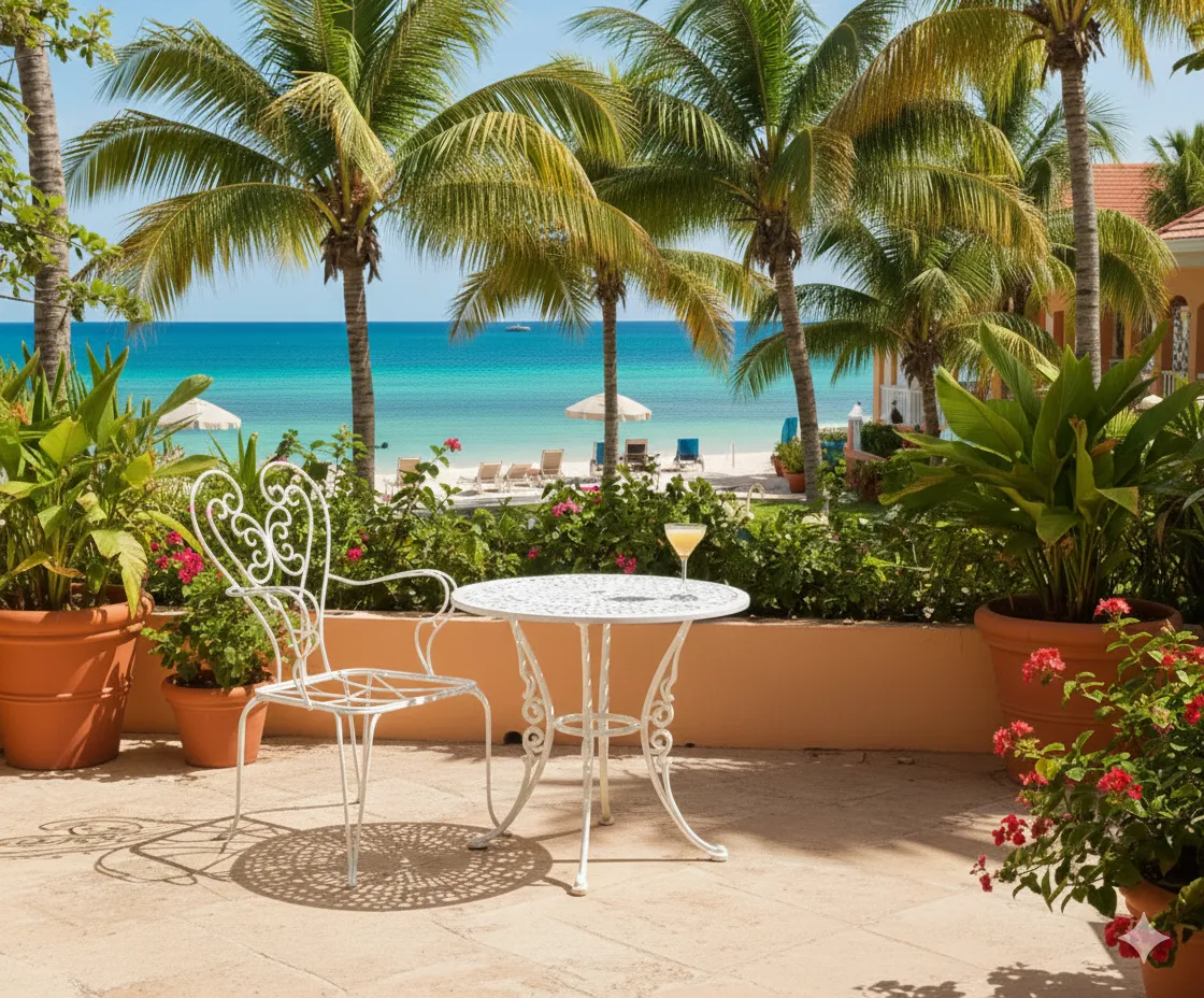 Three antique garden armchairs surrounded by plants on a patio
