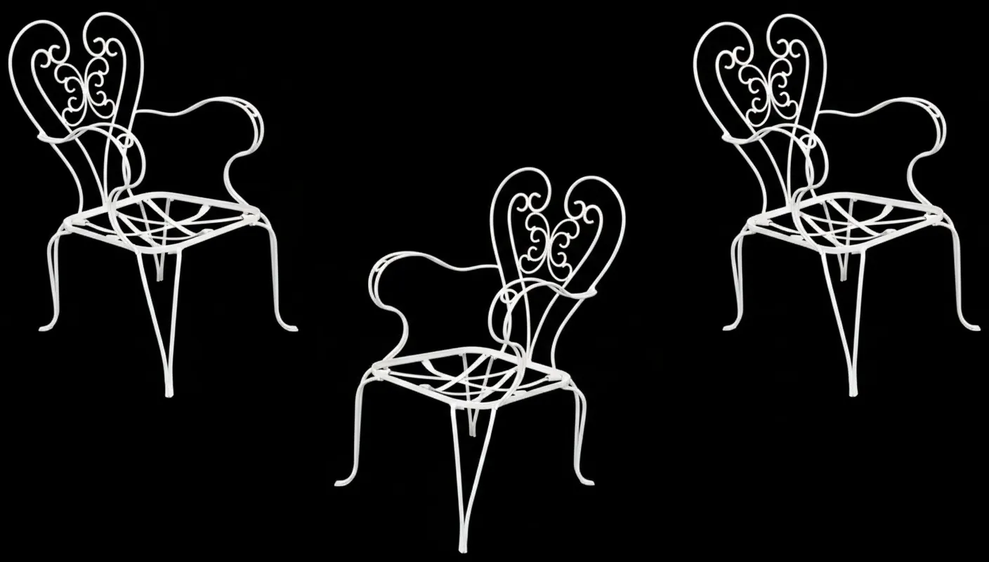 Conjunto de 3 sillones de jardín antiguos con diseño elaborado en color blanco, en un fondo oscuro.