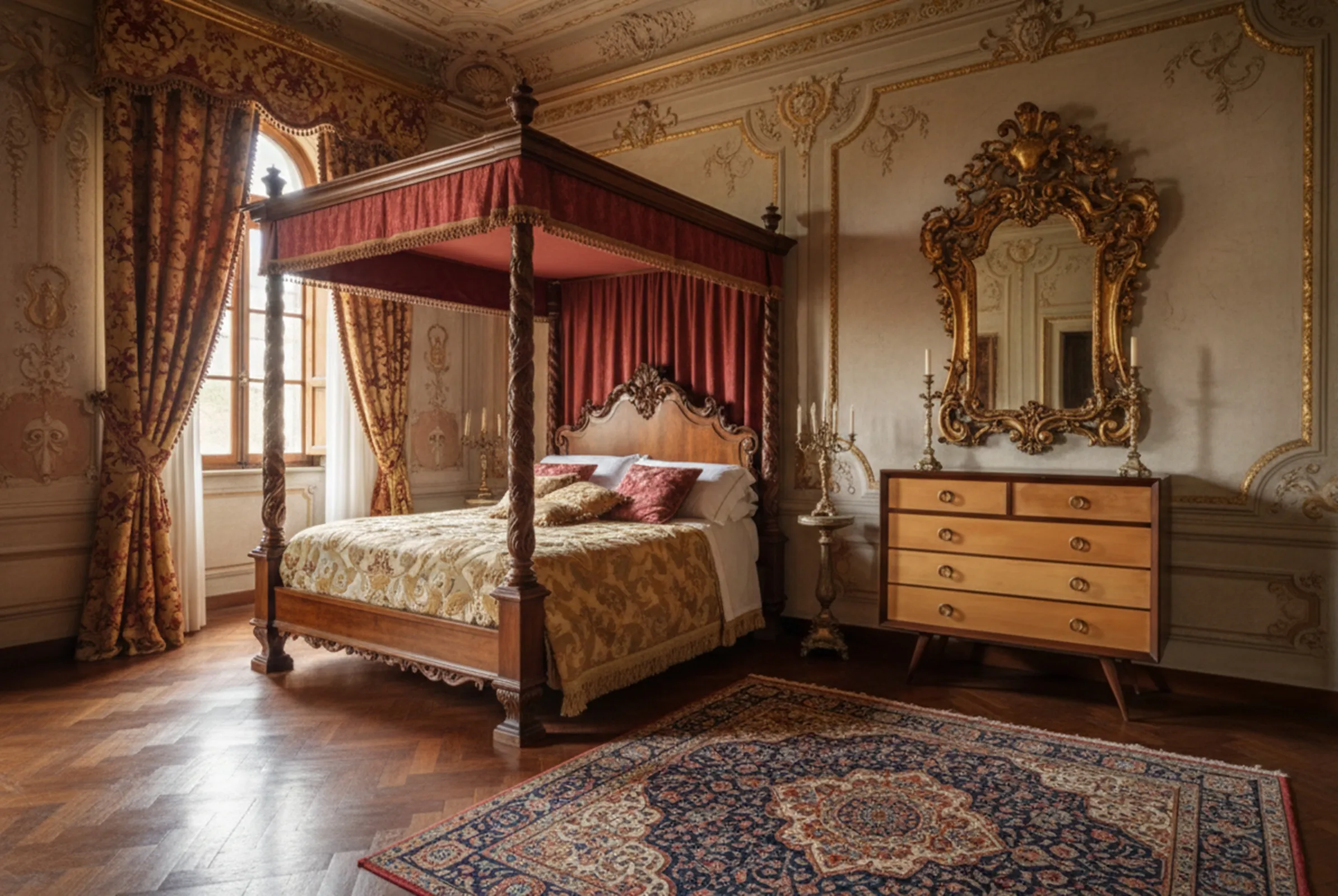 Antigua cómoda de dos cajones en un ambiente elegante con cortinas doradas y cama con dosel.