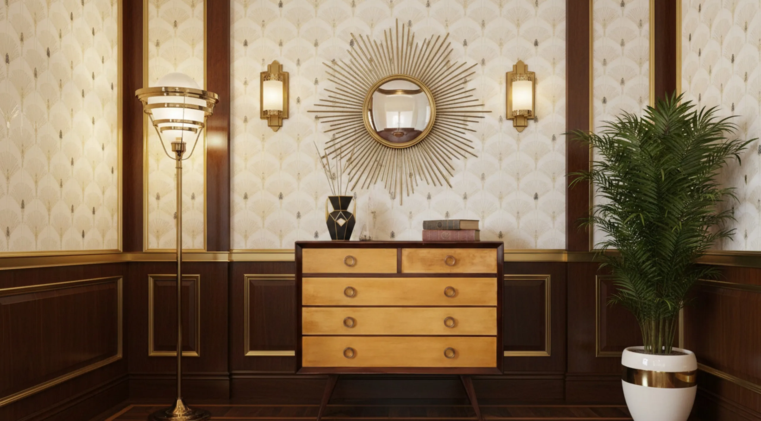 Gaveteira antiga com cinco gavetas e detalhes clássicos em um ambiente elegante.