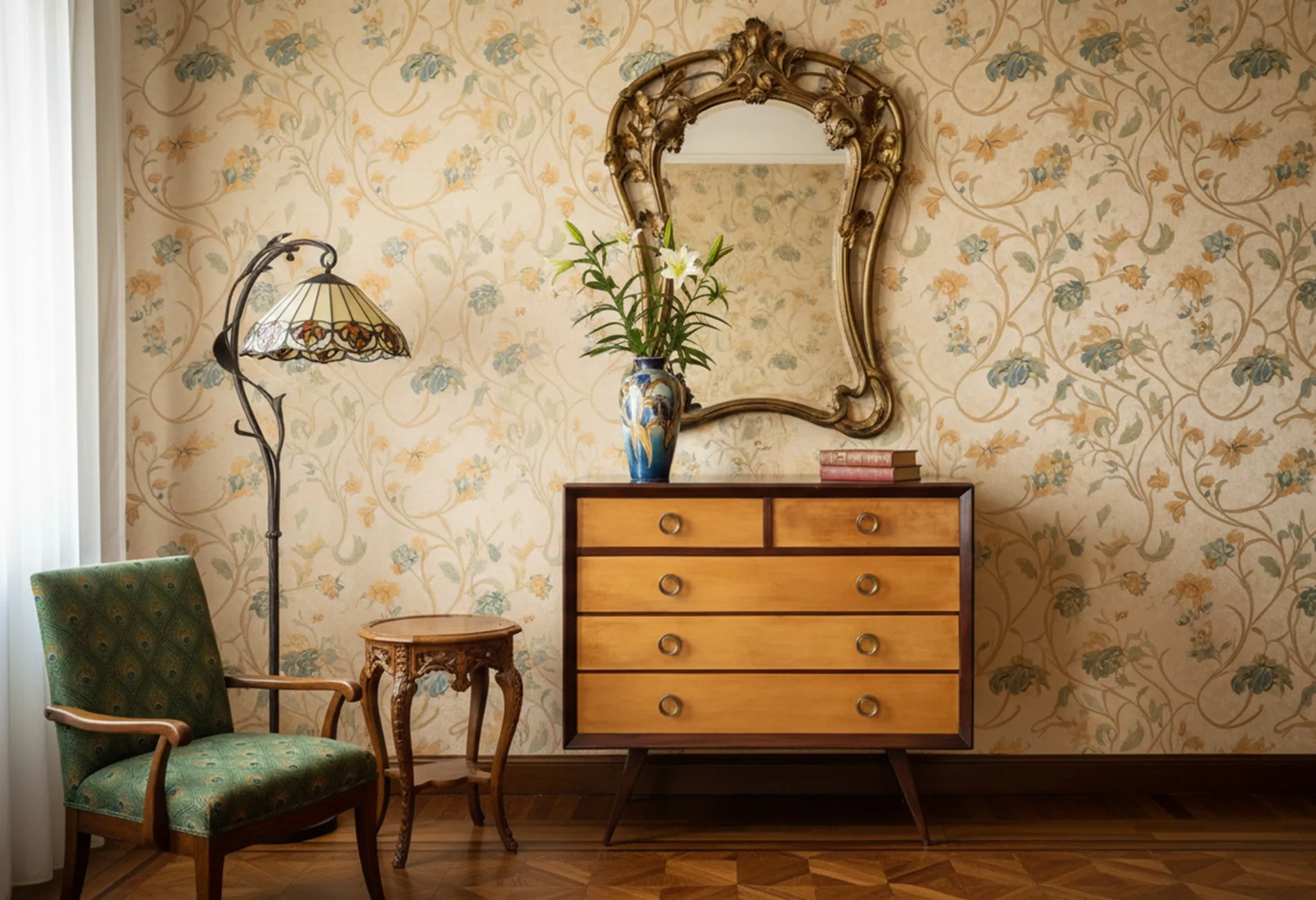 Comoda antigua de madera con seis gavetas en una habitación decorada