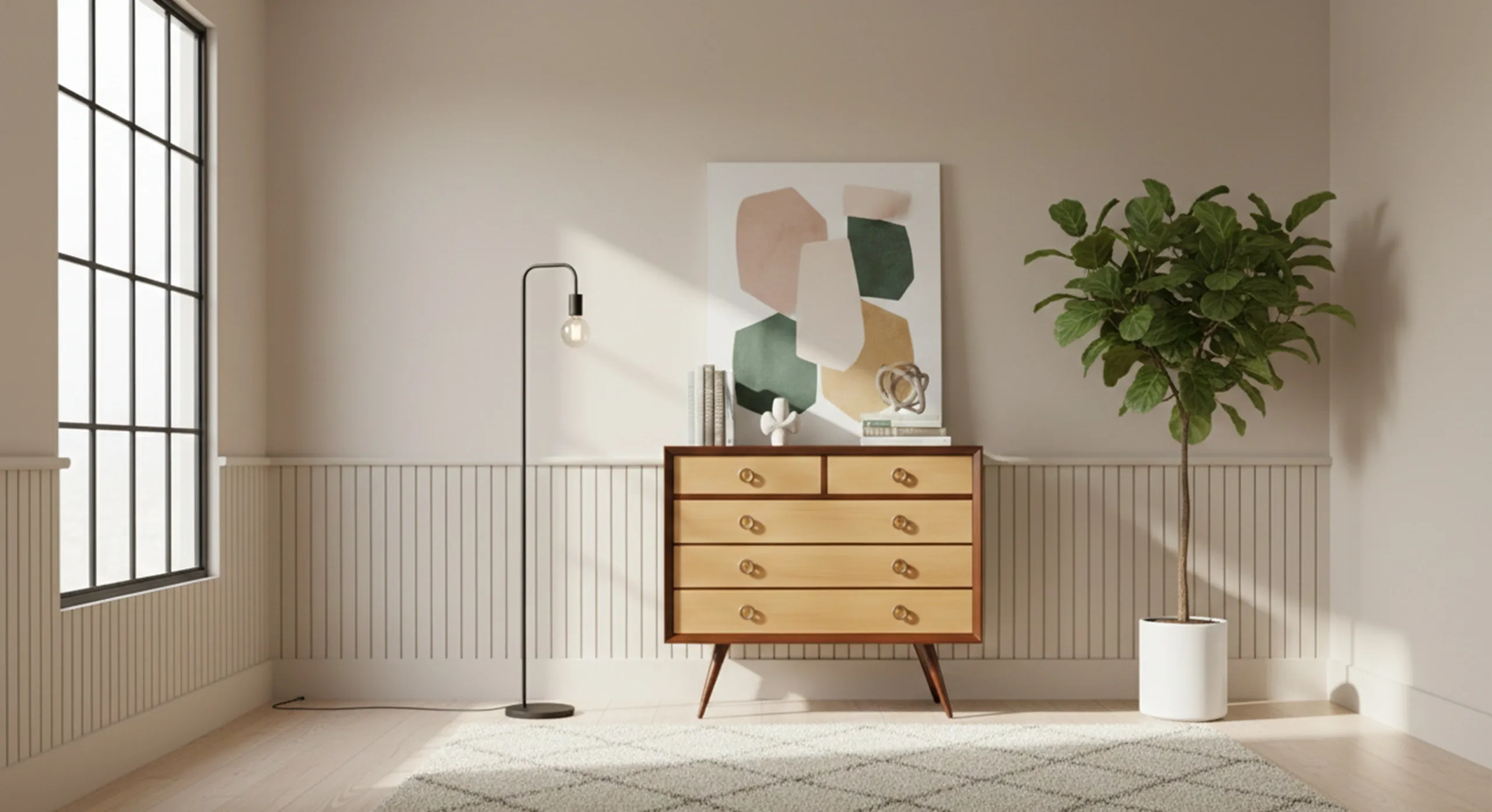 Antike Schublade mit fünf Schubladen, stilvolles Interieur.