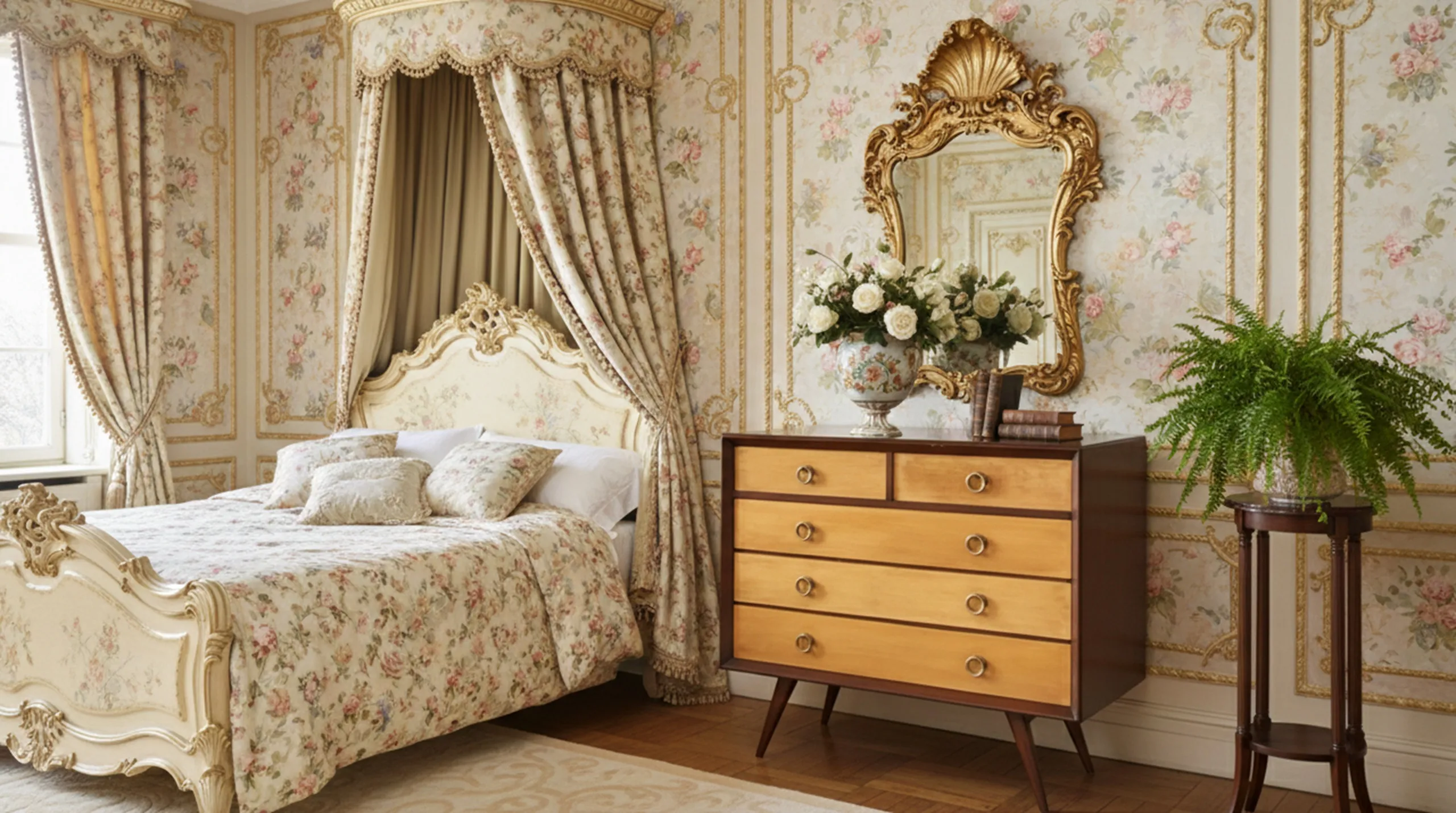 Commode ancienne avec six tiroirs dans une chambre élégante, décoration florale