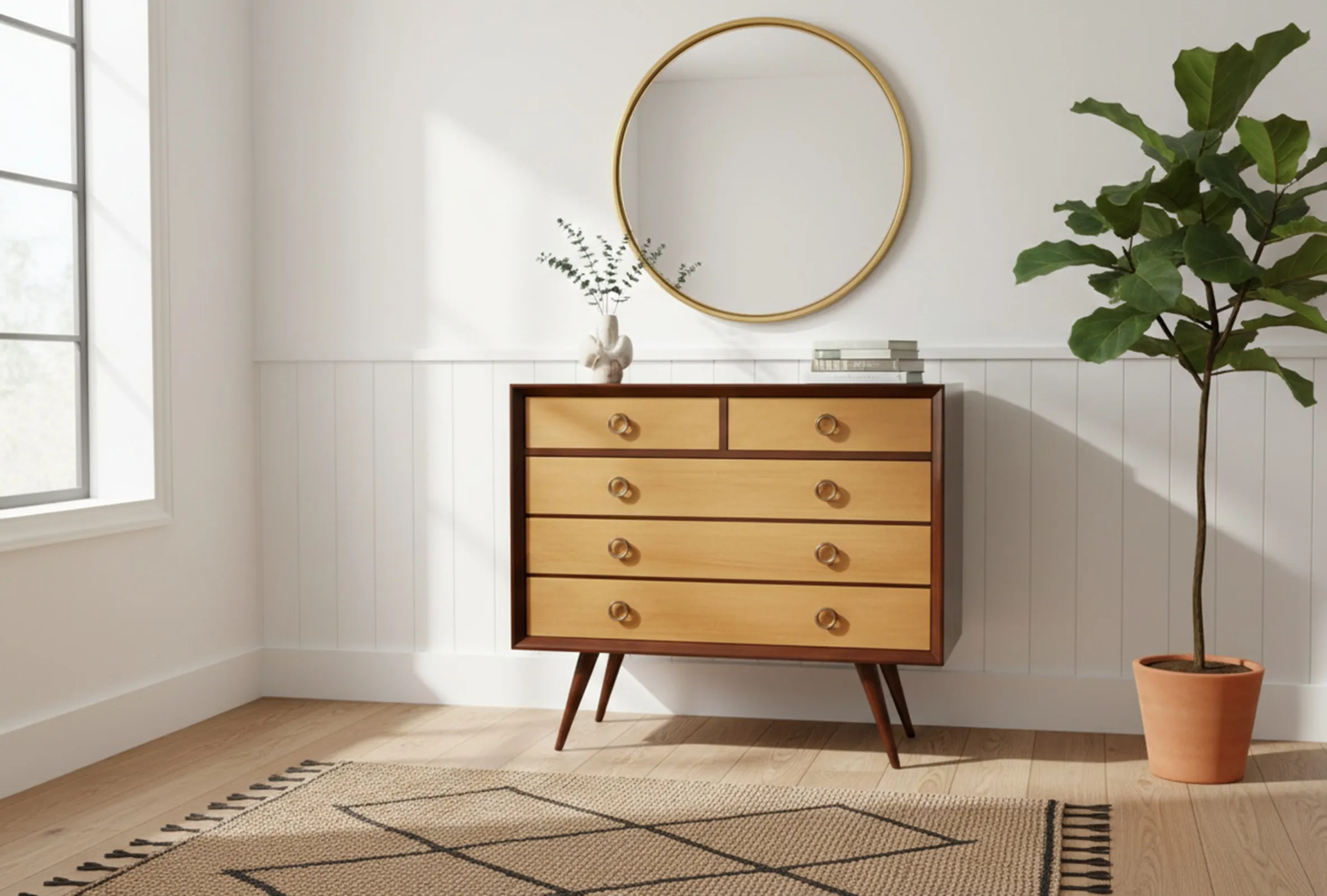 Antique cabinet with five drawers and round handles, next to a plant and a circular mirror.