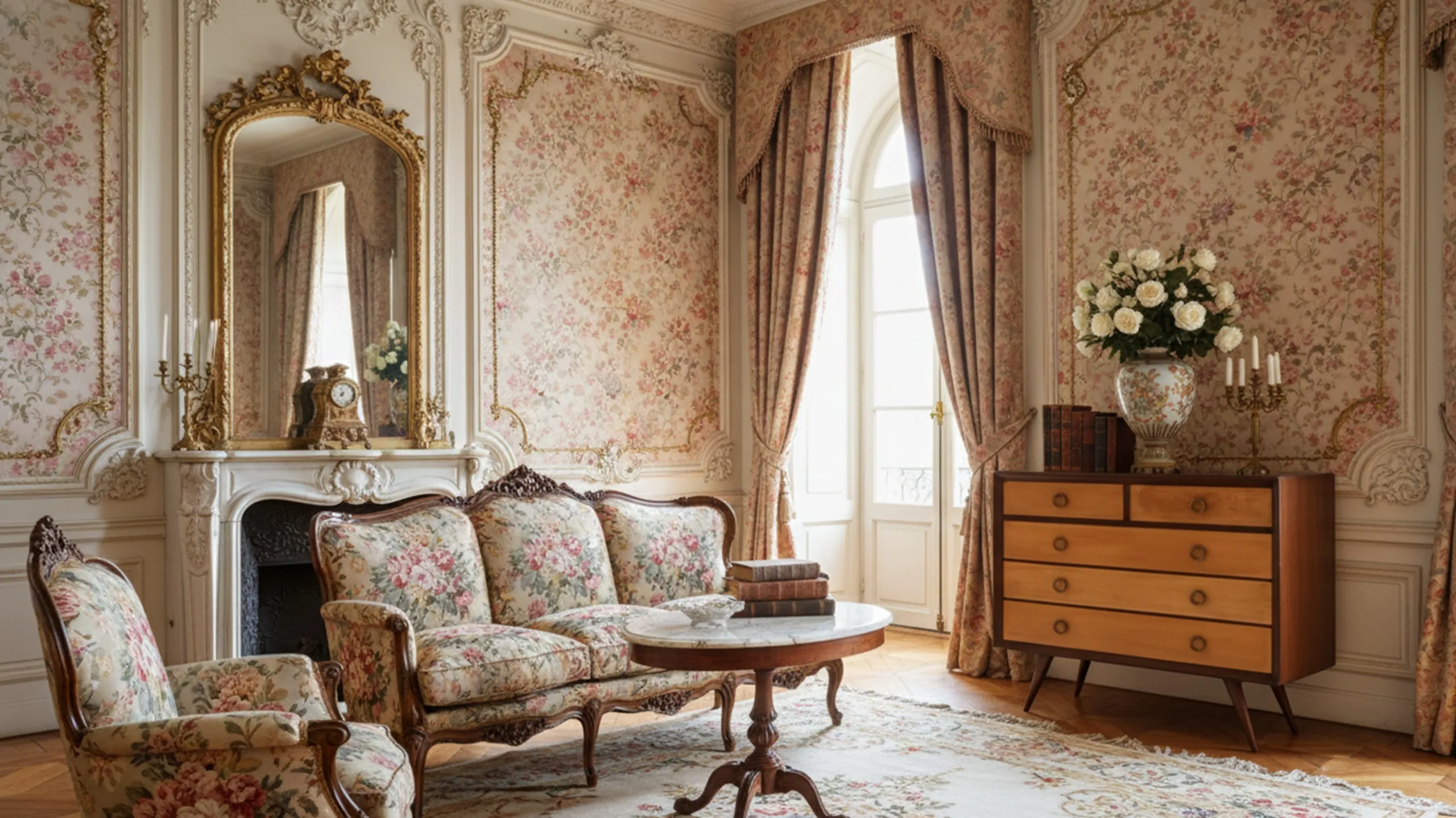 Comoda antigua con detalles florales en un salón elegante.