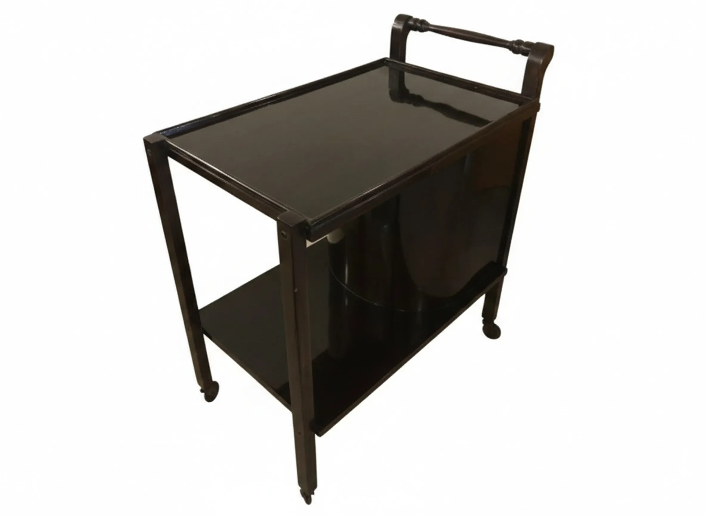 Antique cocktail trolley with two shelves and wheels.