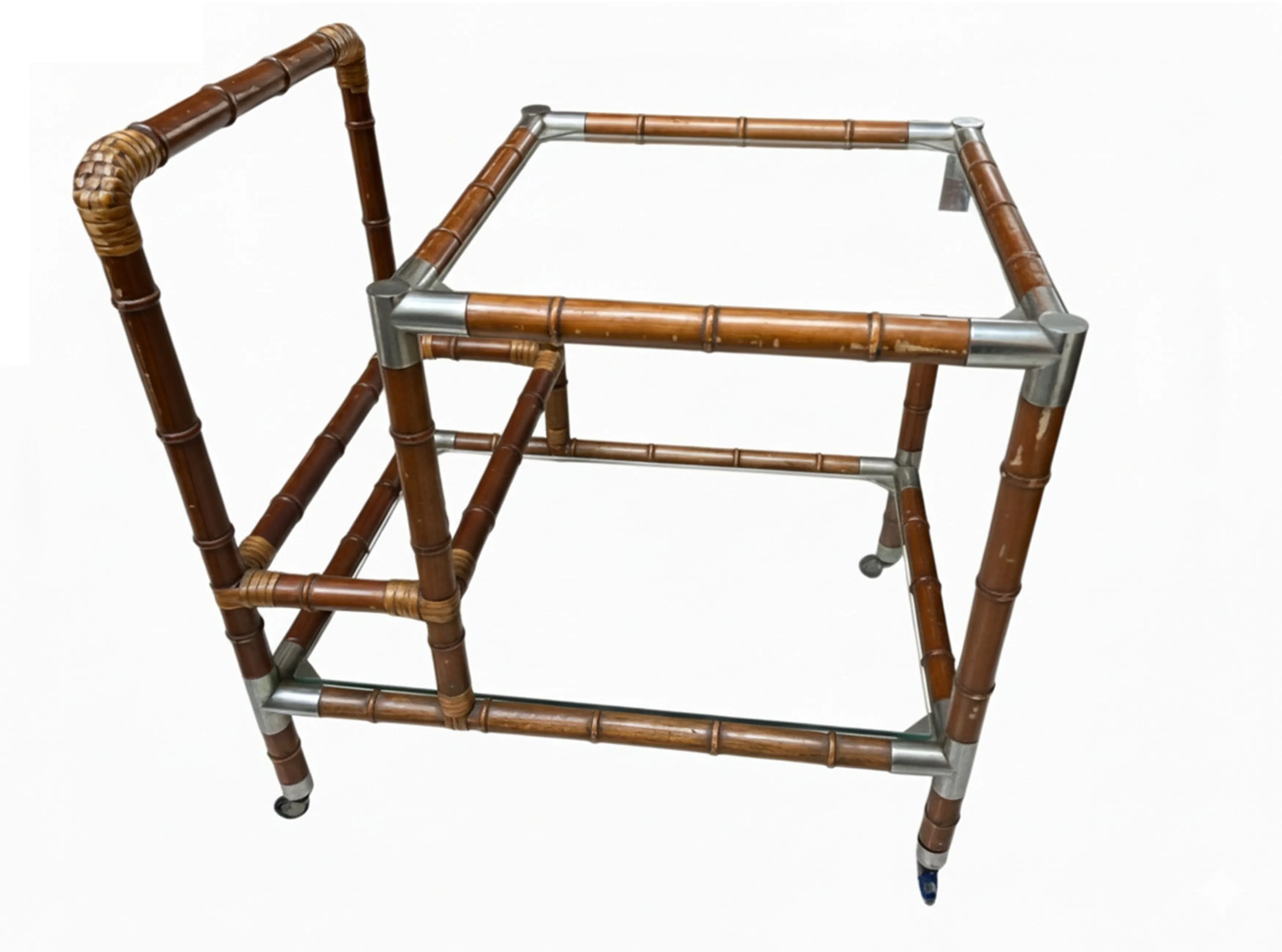 Mesa carrito antigua con diseño de bar, estructura única y espacios para botellas.