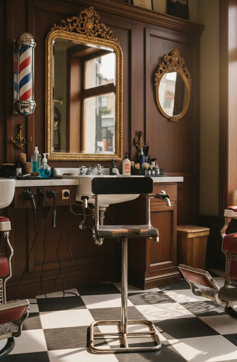 Silla antigua en barbería con detalles decorativos, entorno clásico.