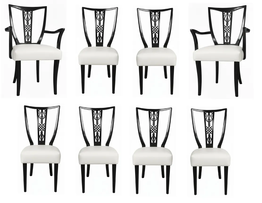 Eight antique chairs, in two different styles, with light upholstery.