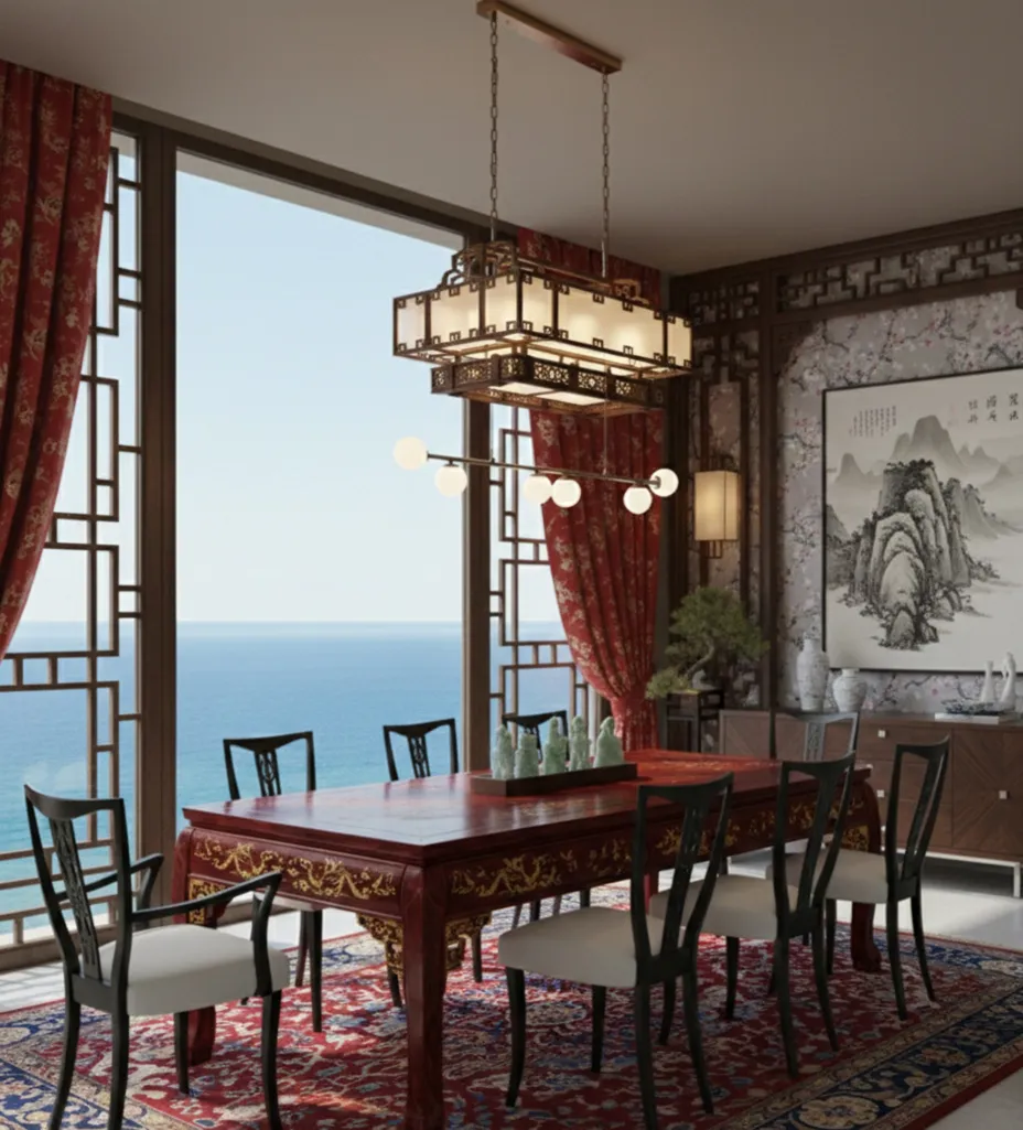 Set of 6 antique chairs and 2 armchairs in an elegant room with sea view