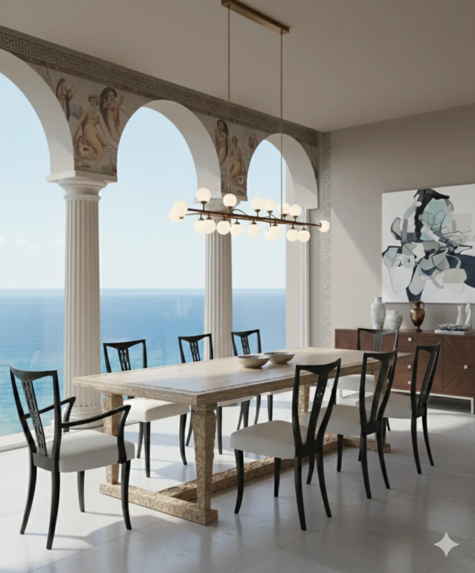 Conjunto de 6 cadeiras e 2 poltronas antigas em um ambiente elegante à beira-mar.