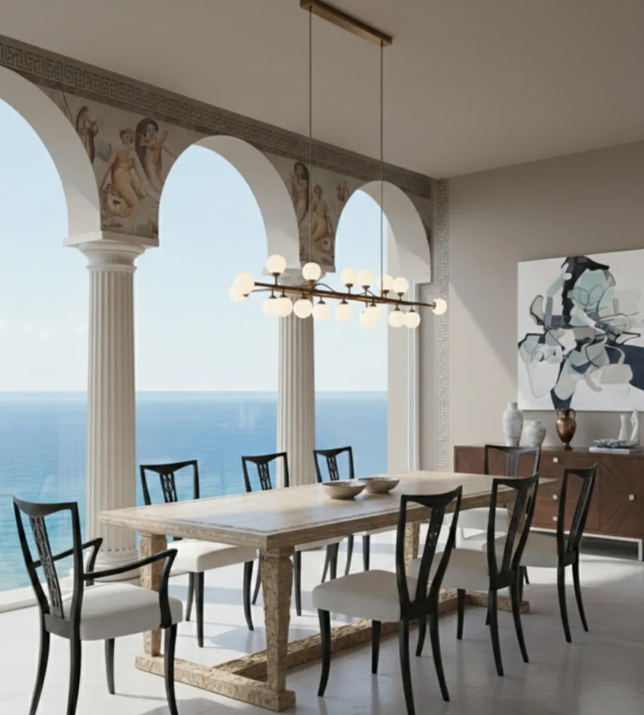 six chaises et deux fauteuils anciens dans une pièce lumineuse avec vue sur la mer