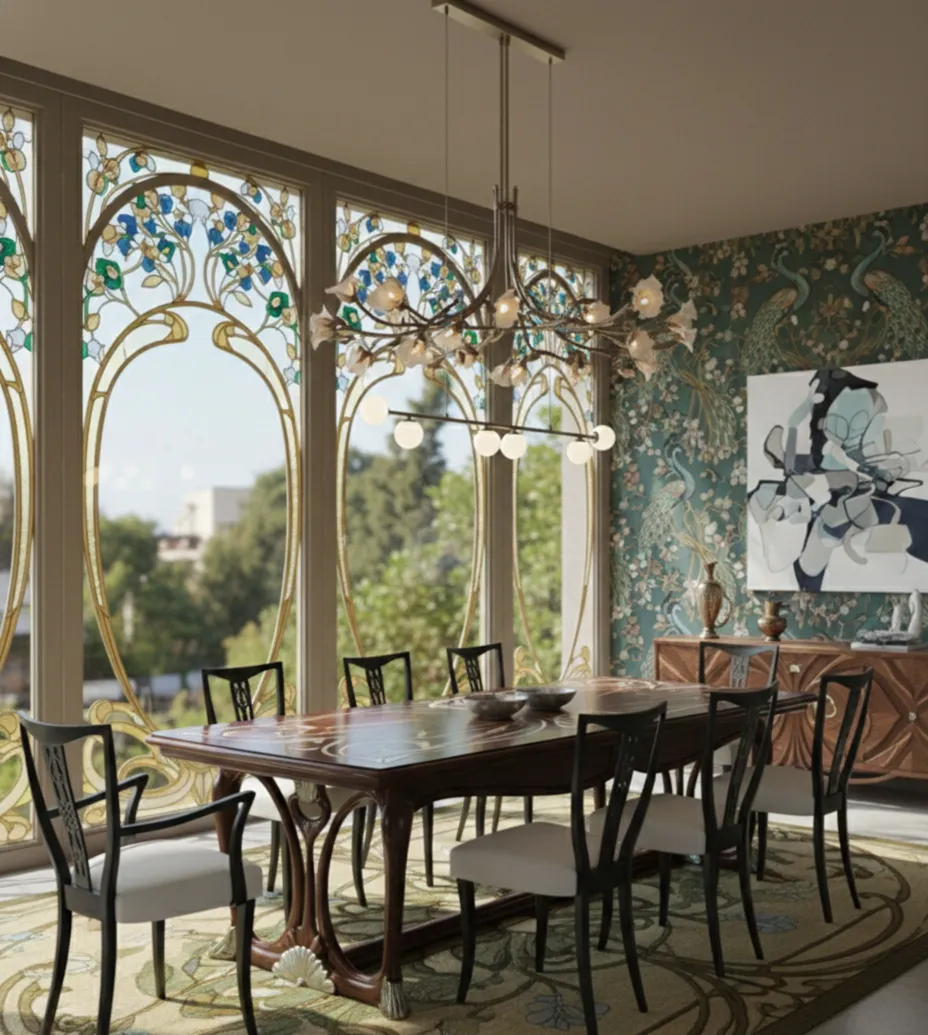 Set of 6 antique chairs and 2 armchairs ready for restoration in an elegant dining room.