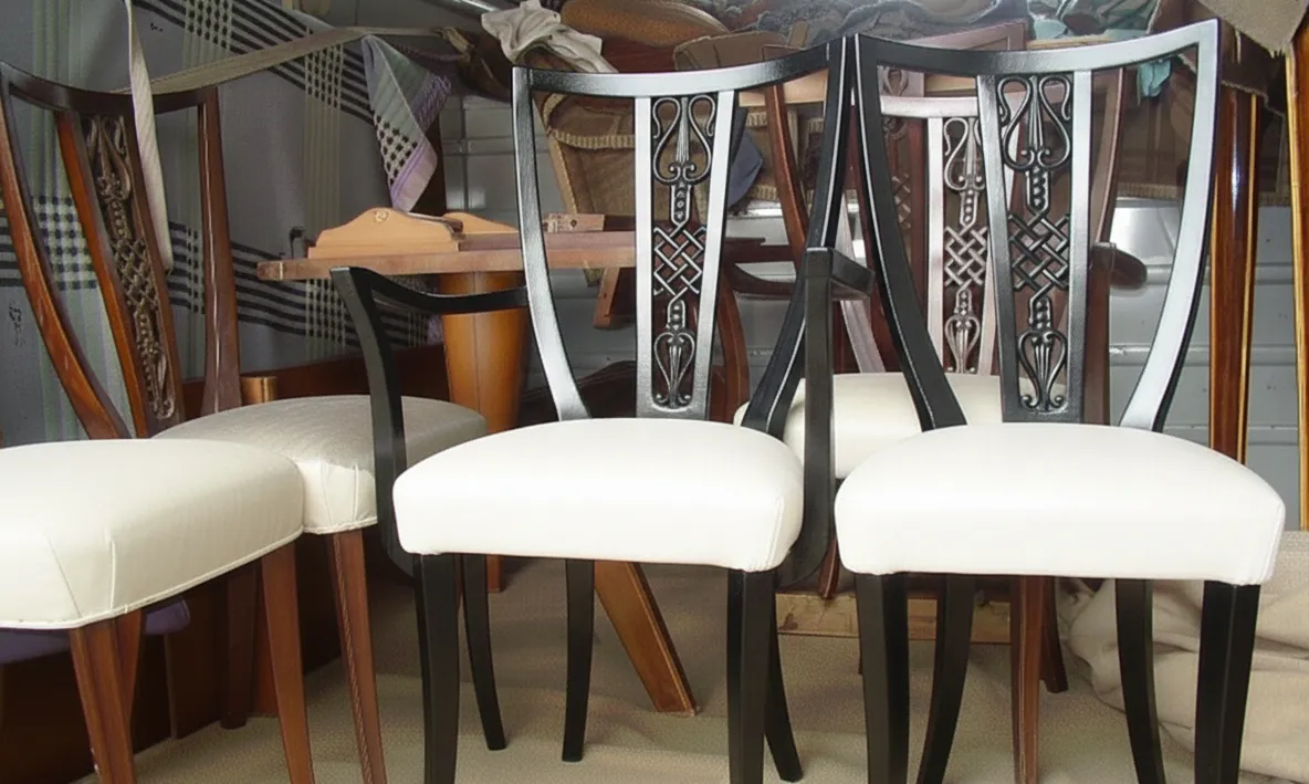 Set of 6 antique chairs and 2 armchairs to restore, featuring unique designs.