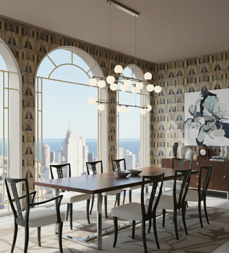 conjunto de 6 cadeiras e 2 poltronas antiguidades em uma sala de jantar moderna