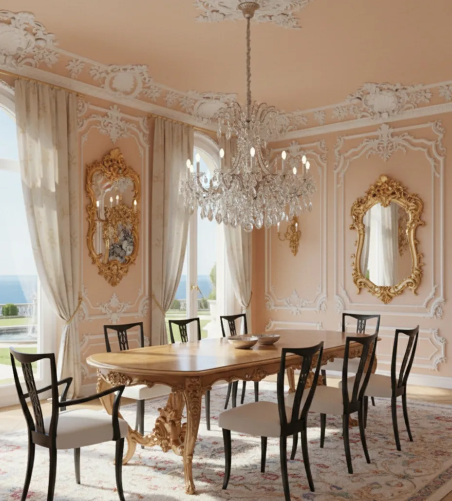 Zimmer mit 6 antiken Stühlen und 2 antiken Sesseln, eleganter Raum