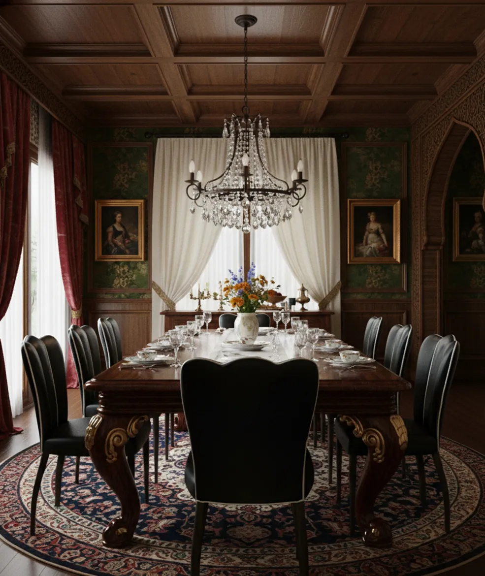 Six chaises et deux fauteuils anciens dans une salle à manger élégante